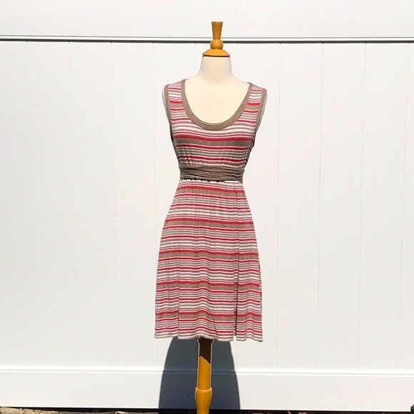 Max Studio Striped Summer Sleeveless Khaki Tan Cream and Coral Dress Size Medium - Picture 1 of 13